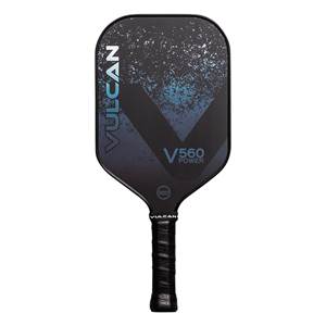 Front view of a black pickleball paddle with VULCAN branding, V560 POWER text, and a speckled blue design.