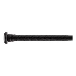 Side view of a black baseball bat with a textured grip and a rounded end cap.
