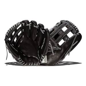 Top-down view of black baseball gloves with white stitching and a gray Marucci logo.