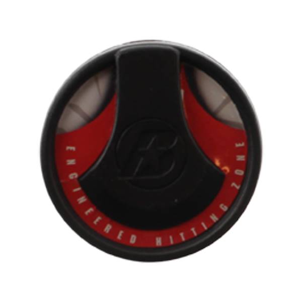 Top-down view of a black baseball bat end cap with red accents and ENGINEERED HITTING ZONE text.