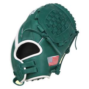 Side view of a green baseball glove with a woven pocket and American flag patch.