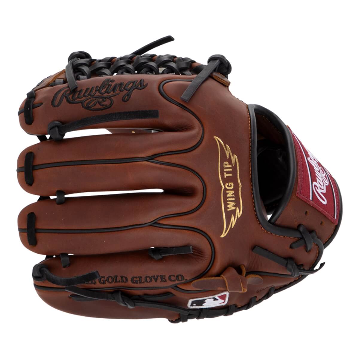 Front view of a brown baseball glove with black laces, Rawlings script, and Wing Tip detail.