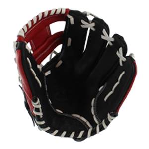 Top-down view of a black and red baseball glove with white stitching and lacing.