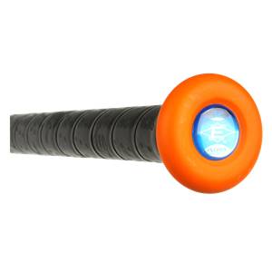 Close-up of an orange baseball bat knob with a blue Easton logo.