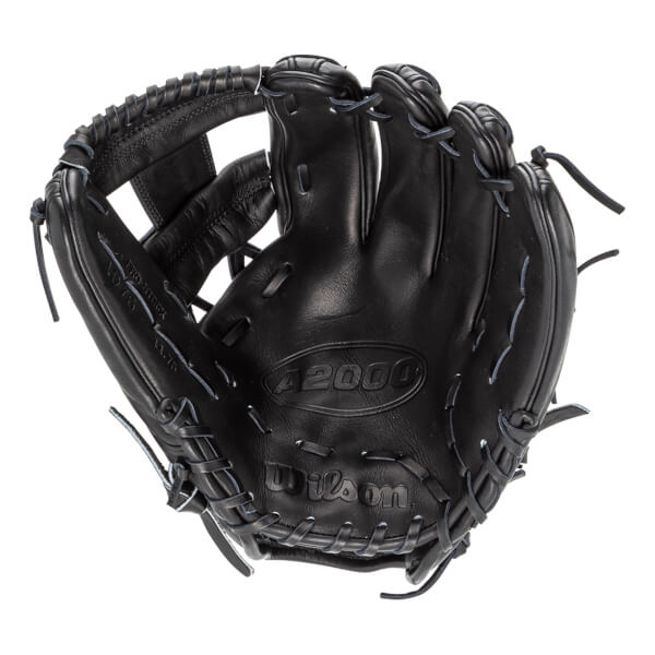 Front view of the interior palm of a black leather baseball glove embossed with "A2000" and "Wilson" and stamped with "PRO-STOCK", "1975", and "11.75" on the thumb.