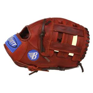 Side view of a brown baseball glove with a blue BRETT patch and a B logo.