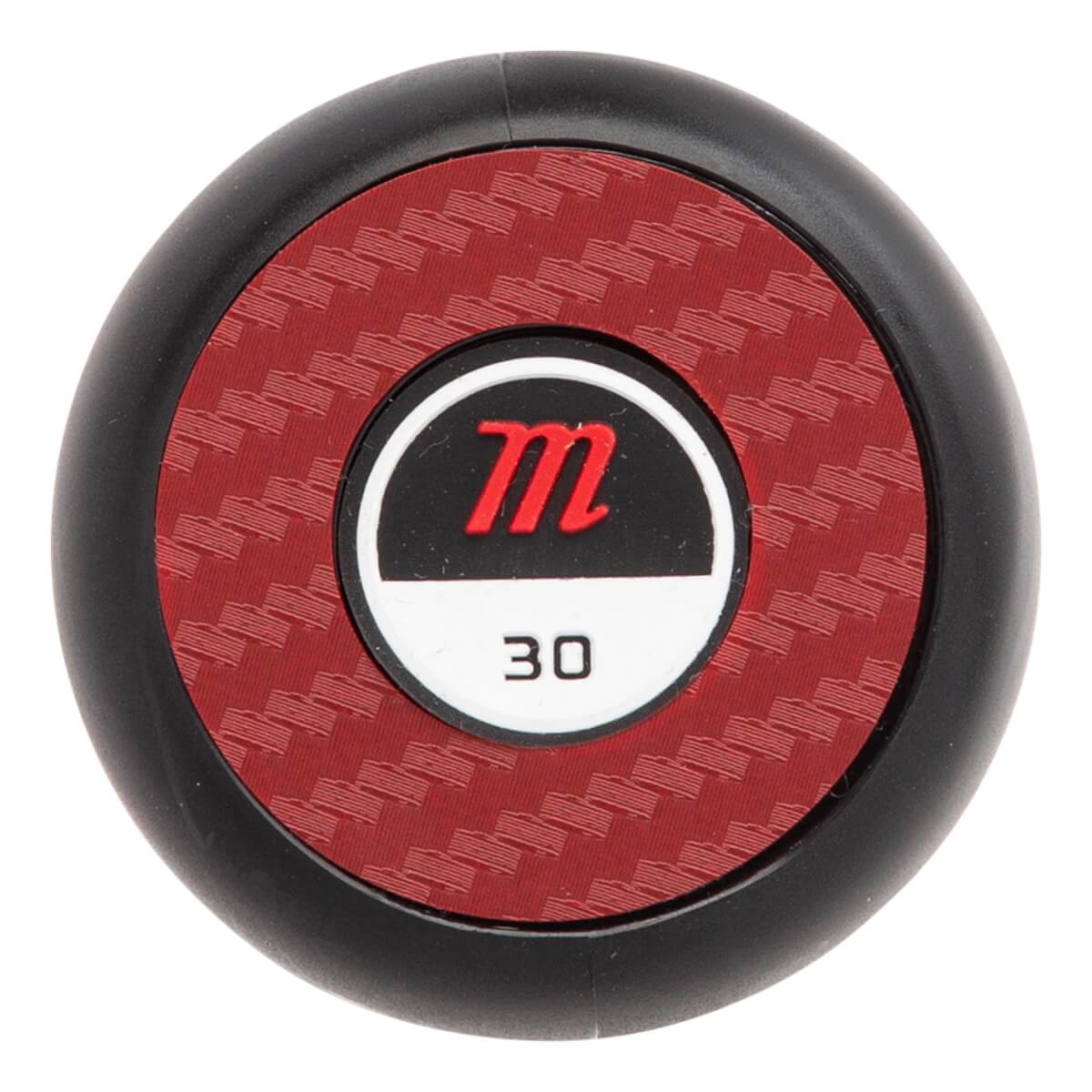 End cap view of a black Marucci bat with red carbon fiber pattern and white circle with red m logo and 30.