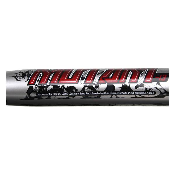 Side view of a silver baseball bat with red MUTANT lettering and approval logos.