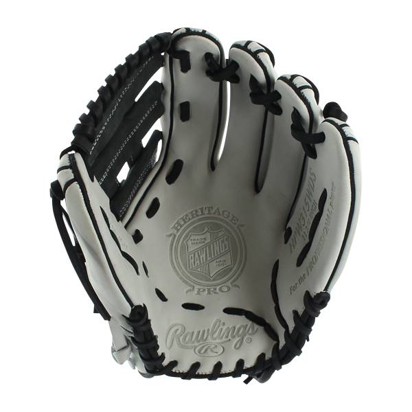 Top-down view of a white baseball glove with black lacing and Rawlings branding.