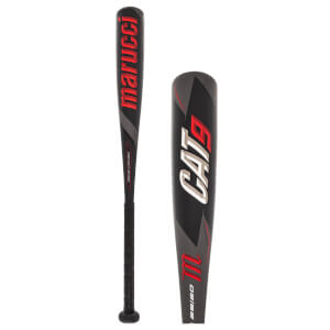 Side view of a black baseball bat with red marucci text and CAT9 branding.
