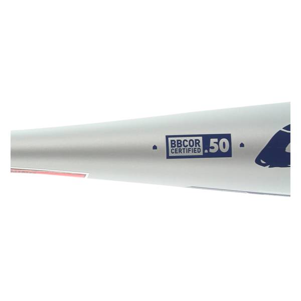 Side view of a silver baseball bat with BBCOR CERTIFIED .50 logo and blue graphic.