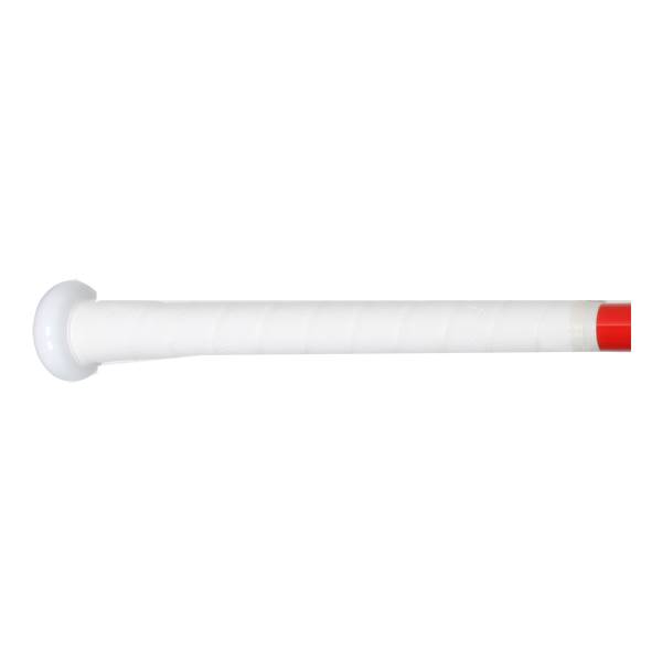 Side view of a red baseball bat with a white grip and white end cap.