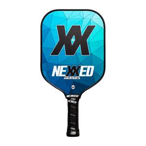 Front view of a blue pickleball paddle with a geometric design, large black XX logo, and Nexxed Prime branding.
