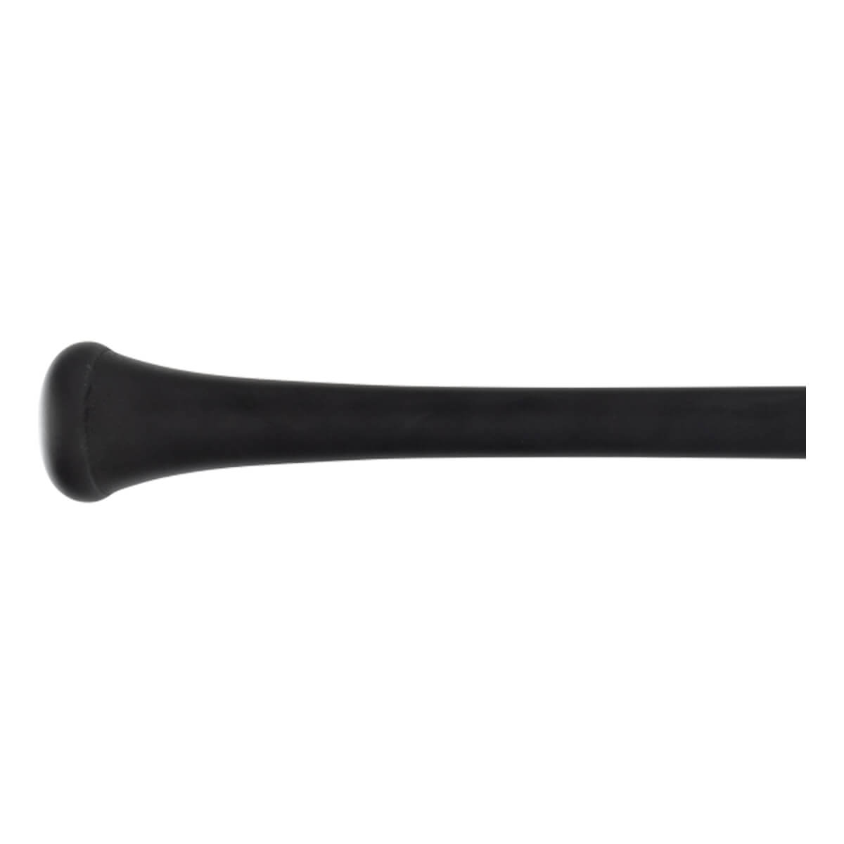 Close-up side view of a black baseball bat handle with a flared, rounded knob and smooth, tapering profile.