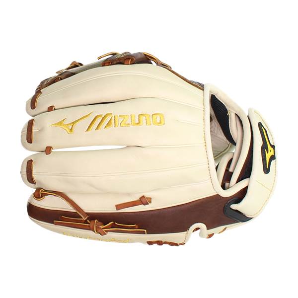 Side view of a cream and brown softball glove with gold Mizuno branding and lacing.