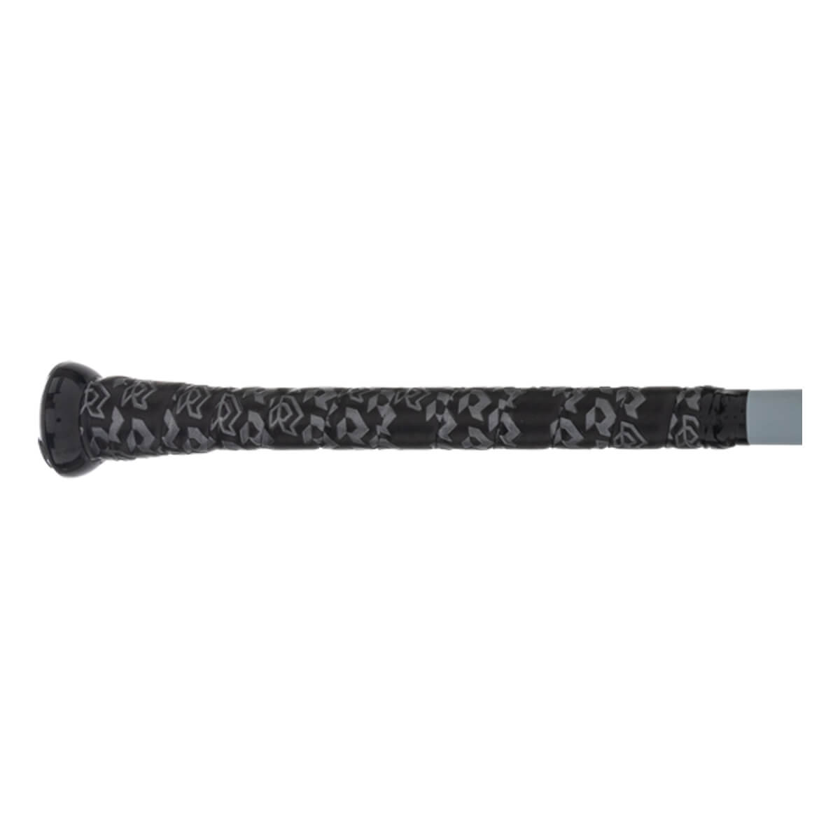 Side view of a black baseball bat with a patterned grip and a gray end cap.