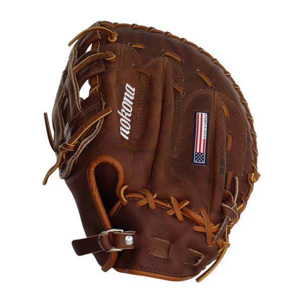 Front view of a brown baseball glove with Nokona branding and a Made in America flag patch.