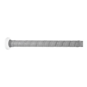 Side view of a grey bat handle with a textured grip, EASTON branding, and a white knob.