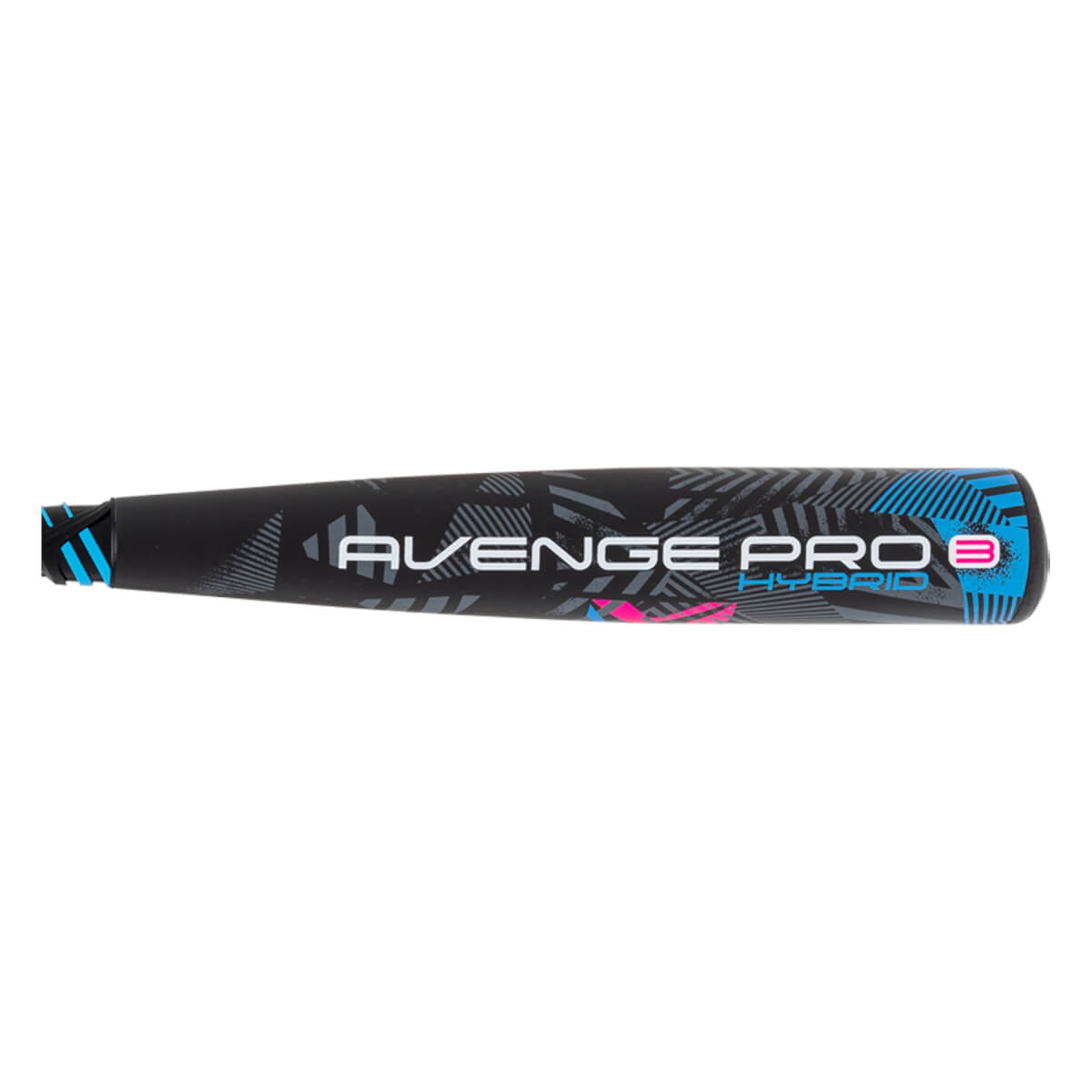Side view of a black baseball bat with AVENGE PRO HYBRID text and blue and pink geometric patterns.
