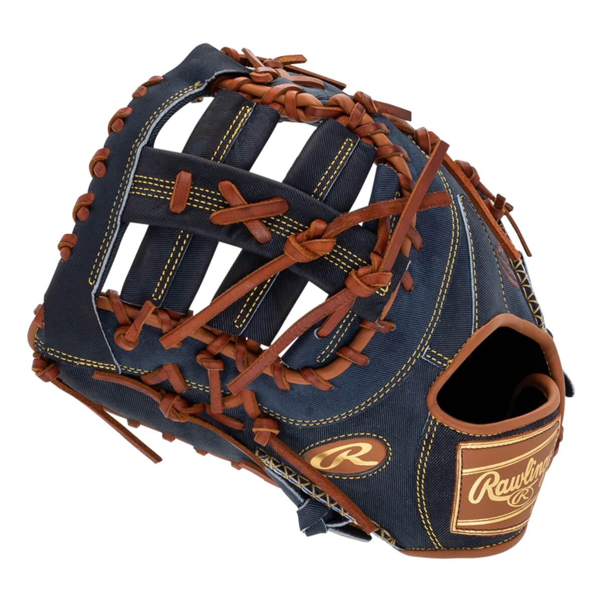 Top-down view of a dark blue baseball glove with tan lacing and a Rawlings logo.