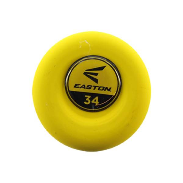 End view of a yellow baseball bat with an Easton logo and the number 34.