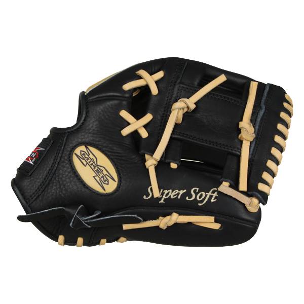 Side view of a black baseball glove with tan lacing and Super Soft text.