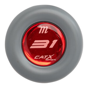 Top-down view of a gray baseball bat end cap with a red insert showing m, 31, CATX, and COMPOSITE.