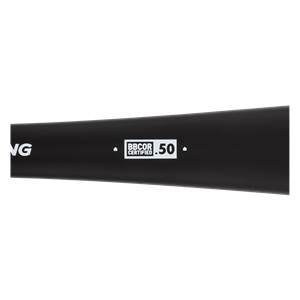 Side view of a black baseball bat with BBCOR CERTIFIED .50 text.