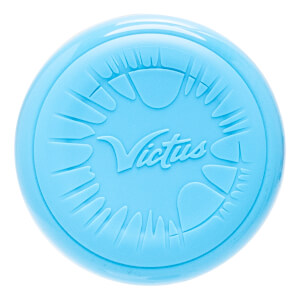 Top-down view of a light blue baseball bat end cap with embossed Victus logo and sunburst pattern.