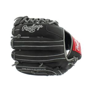 Front view of a black baseball glove with white stitching and Rawlings logo.