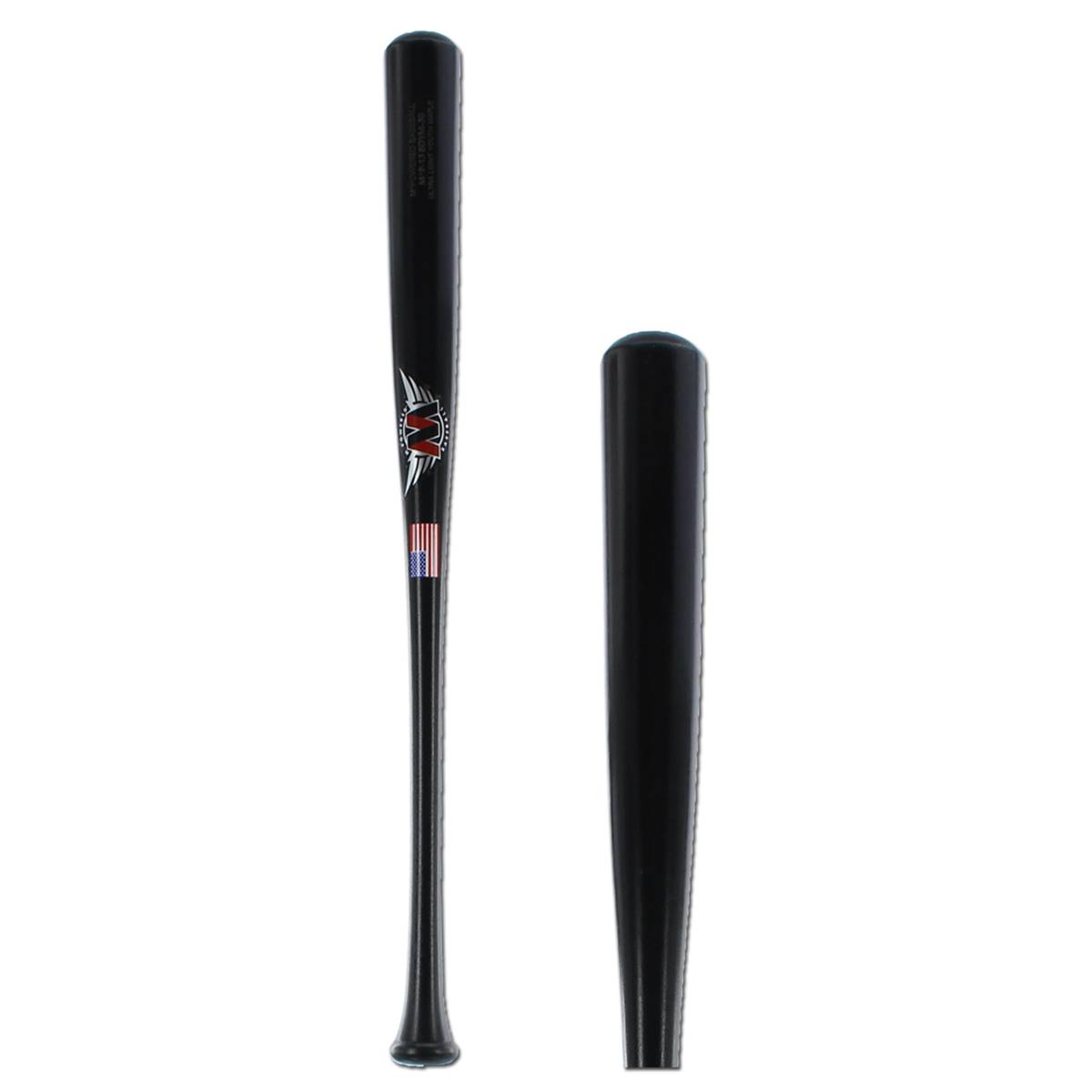 Front view of a black baseball bat with an M logo and American flag detail.