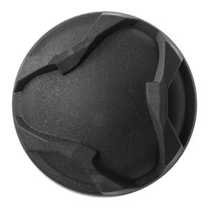 Top-down view of a black baseball bat end cap with a textured, multi-faceted design.