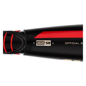 Close-up of a black baseball bat with red accents, BBCOR Certified .50, and OFFICIAL B text.
