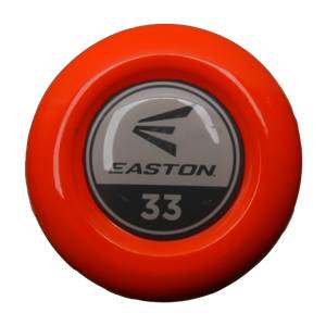 End view of an orange baseball bat with the Easton logo and 33 size indicator.