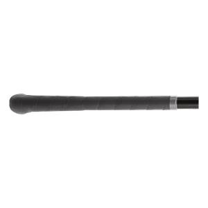 Side view of a black softball bat with a textured grip and silver band.