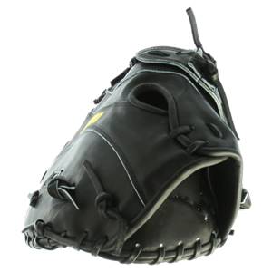 Side view of a black first base mitt with white stitching and a yellow logo.