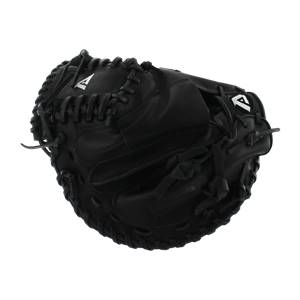 Top-down view of a black catchers mitt with white stitching and a white A logo.