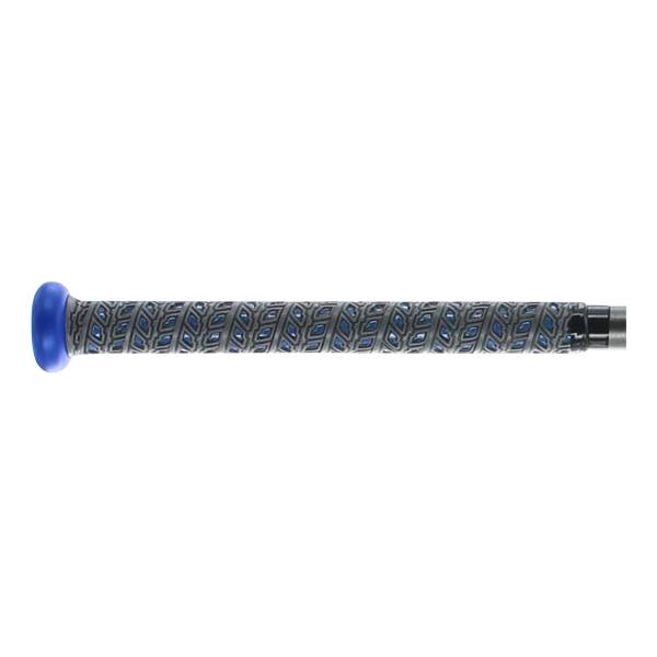Side view of a blue and gray baseball bat with a textured grip and a blue knob.