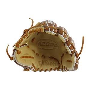 Inside view of a tan baseball glove with white lacing, A2000 embossed, and Wilson logo.
