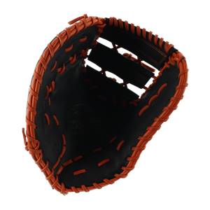 Inside view of a black and orange baseball mitt with orange stitching and a webbed pocket.