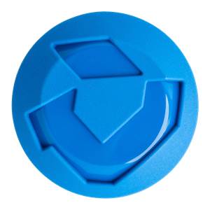 Top-down view of a blue bat end cap with a raised geometric logo.
