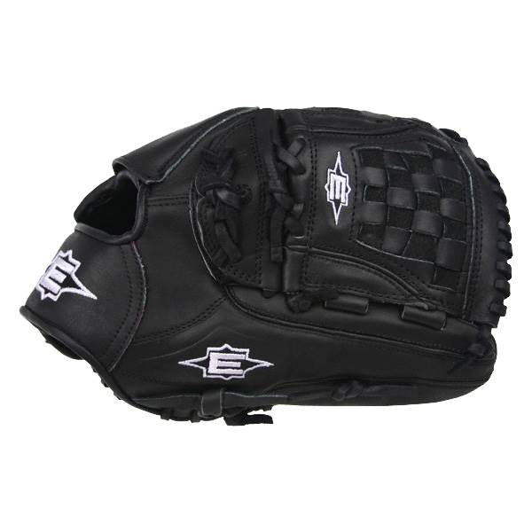 Side view of a black baseball glove with white Easton logos and a checkered web pattern.