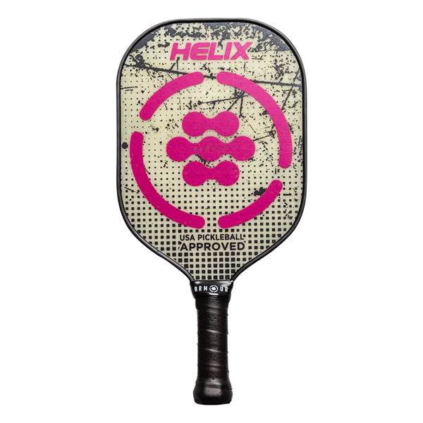 Front view of a cream pickleball paddle with pink HELIX branding, a wave design, and USA PICKLEBALL APPROVED text.