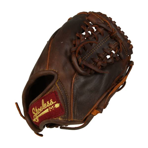 Side view of a brown leather baseball glove with a red Shoeless Joe patch and intricate lacing.