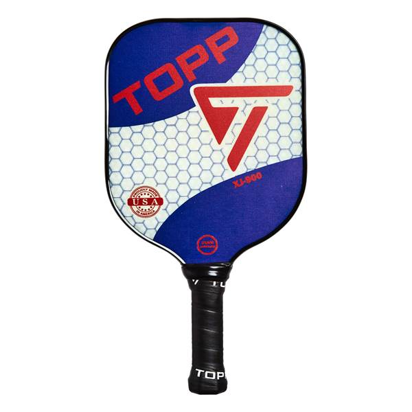 Front view of a blue and white pickleball paddle with red TOPP text, a red triangle logo, and USA seal.