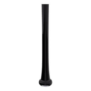 Side view of a glossy black baseball bat with a tapered handle and a rounded knob.