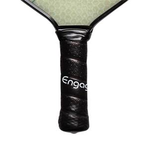 Close-up of a black pickleball paddle grip with white Engag text and textured surface.