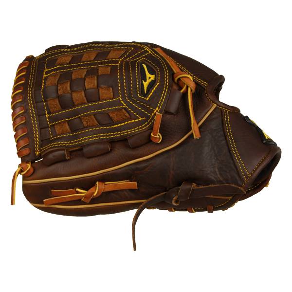 Side view of a brown baseball glove with a woven palm, yellow stitching, and Mizuno logo.