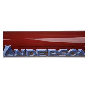 Close-up of a red softball bat with ANDERSON logo and POWER ARCH MULTI-WALL TECHNOLOGY text.
