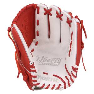Front view of a scarlet red baseball glove with white palm and red lacing.